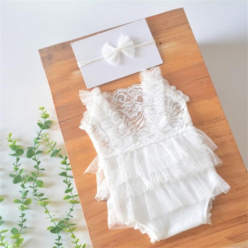 Newborn Girl Lace Romper With Bowknot Hairband Photography Outfit Birthday Celebration Costume - Image 4